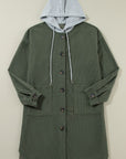 Drawstring Button Up Long Sleeve Hooded Jacket