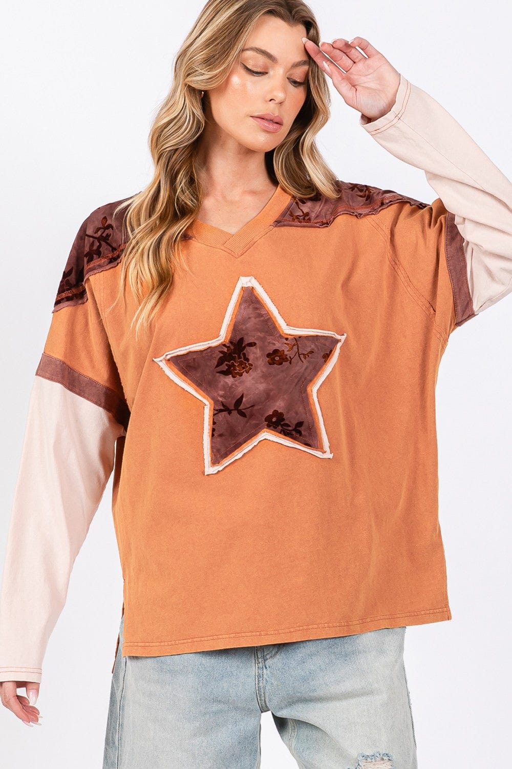 Antique White SAGE + FIG Star Patch Long Sleeve Color Block T-Shirt