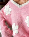 Light Pink Flower V-Neck Dropped Shoulder Sweater