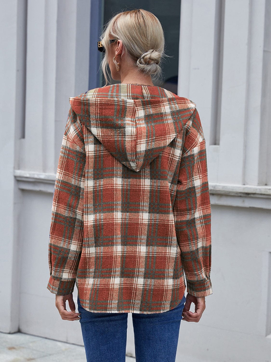 Gray Plaid Button Up Long Sleeve Hooded Jacket