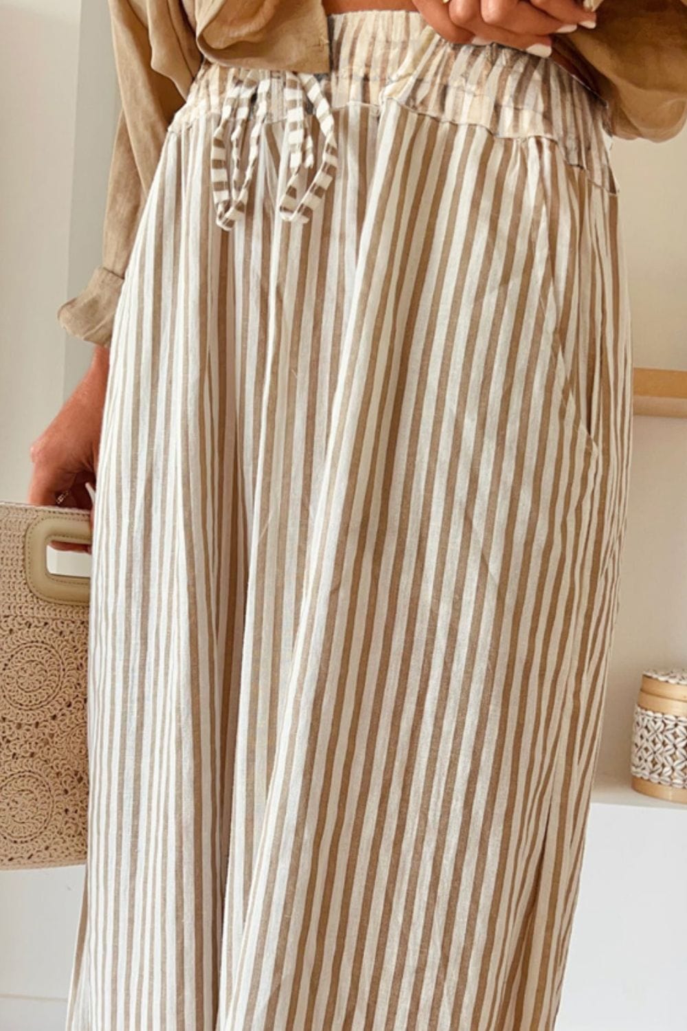 Rosy Brown Pocketed Striped Wide Leg Pants