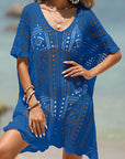Dark Slate Blue Openwork Half Sleeve Cover-Up Sentient Beauty Fashions Apparel & Accessories