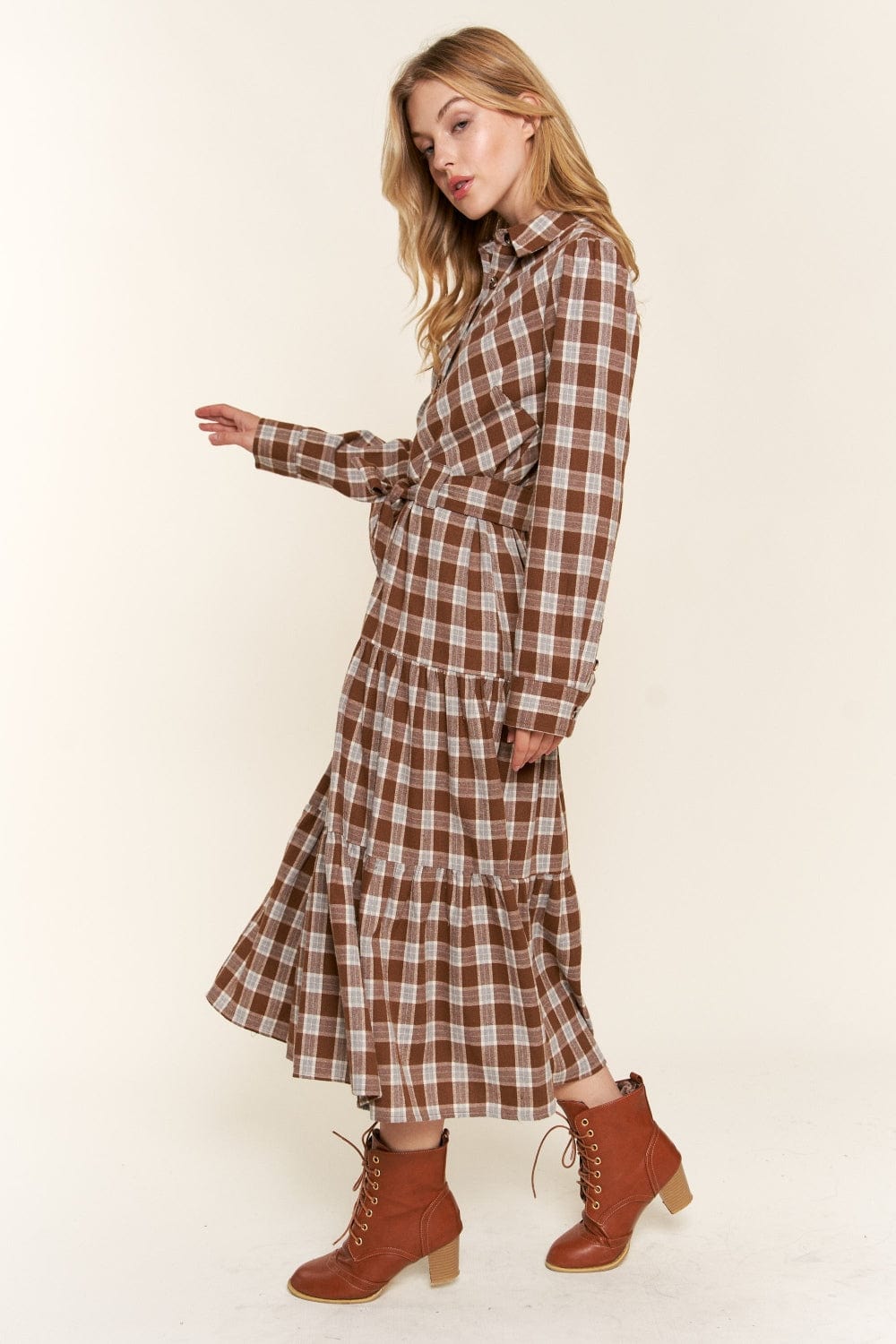 Antique White And the Why Plaid Tiered Midi Shirt Dress