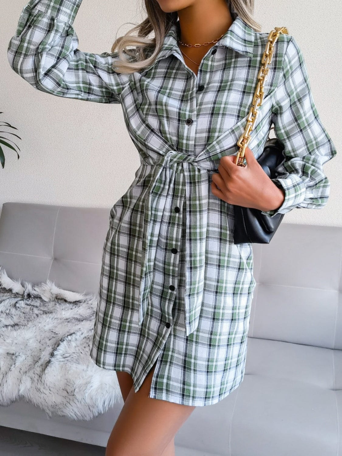 Gray Tied Plaid Long Sleeve Mini Shirt Dress