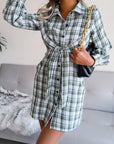 Gray Tied Plaid Long Sleeve Mini Shirt Dress