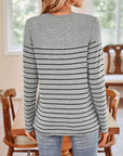 Lovelet Quarter Button Striped Round Neck Long Sleeve T-Shirt