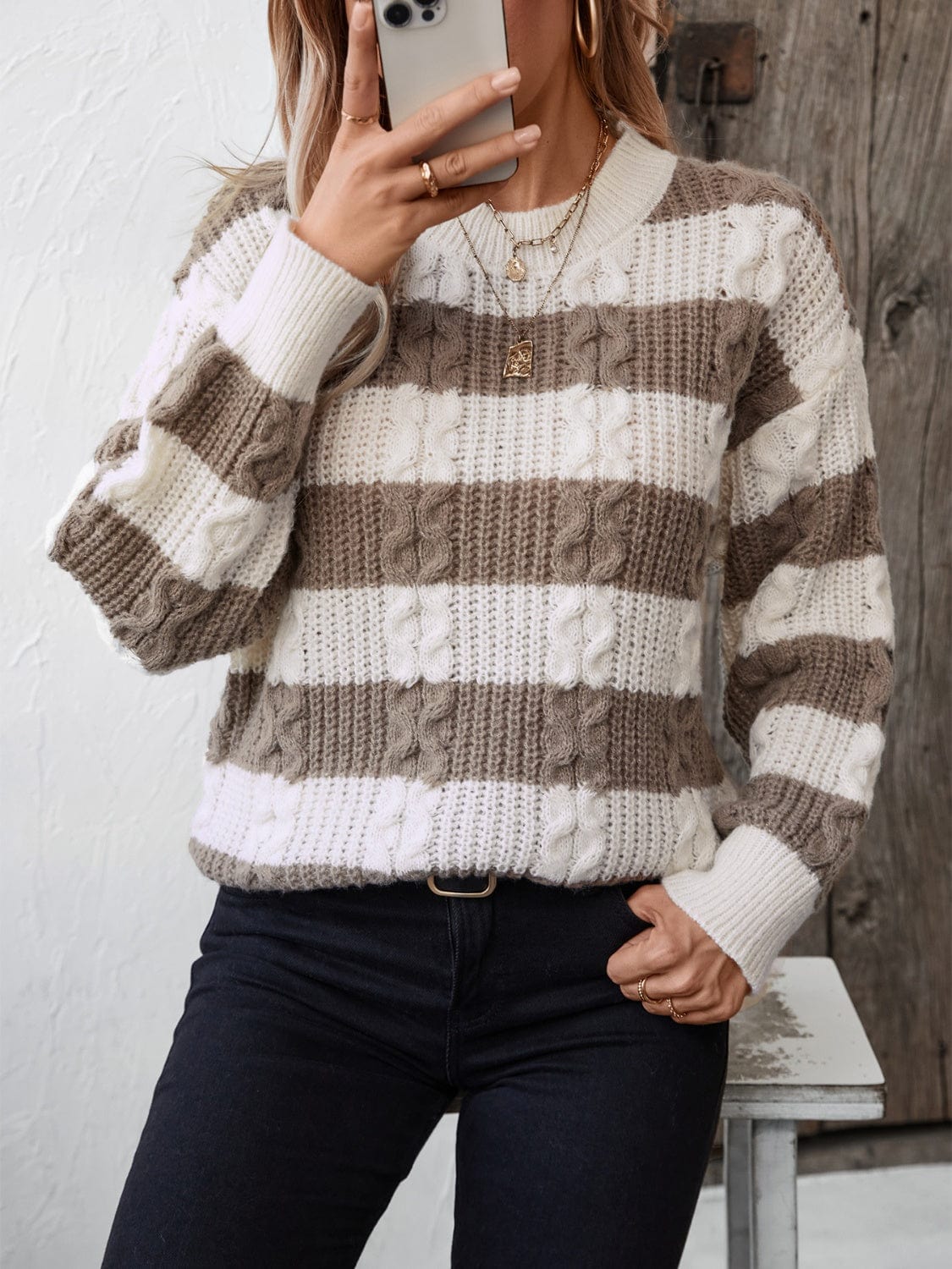 Gray Striped Round Neck Long Sleeve Sweater