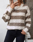 Gray Striped Round Neck Long Sleeve Sweater