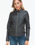 Snobbish PU Leather Biker Jacket with Side Zip Pockets