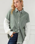 Raw Hem Collared Neck Button Up Long Sleeve Jacket