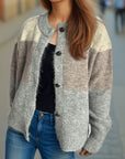 Color Block Round Neck Button Up Cardigan