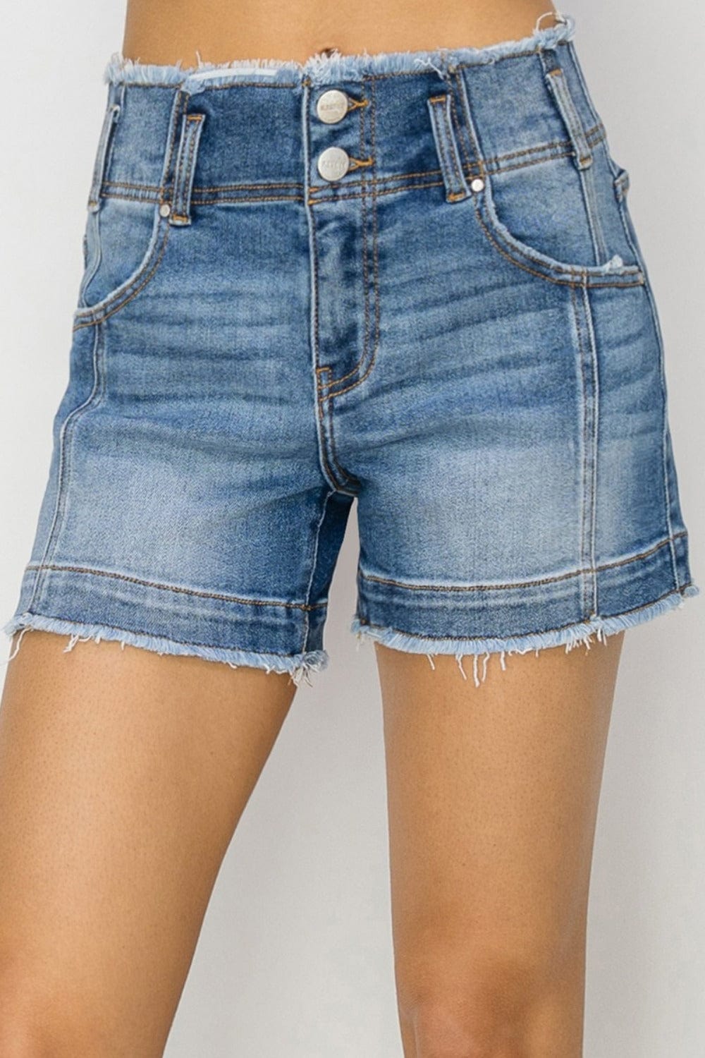 Tan RISEN High Rise Seam Detailed Raw Edge Denim Shorts