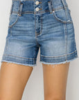 Tan RISEN High Rise Seam Detailed Raw Edge Denim Shorts