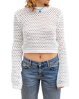 Openwork Round Neck Long Sleeve Knit Top