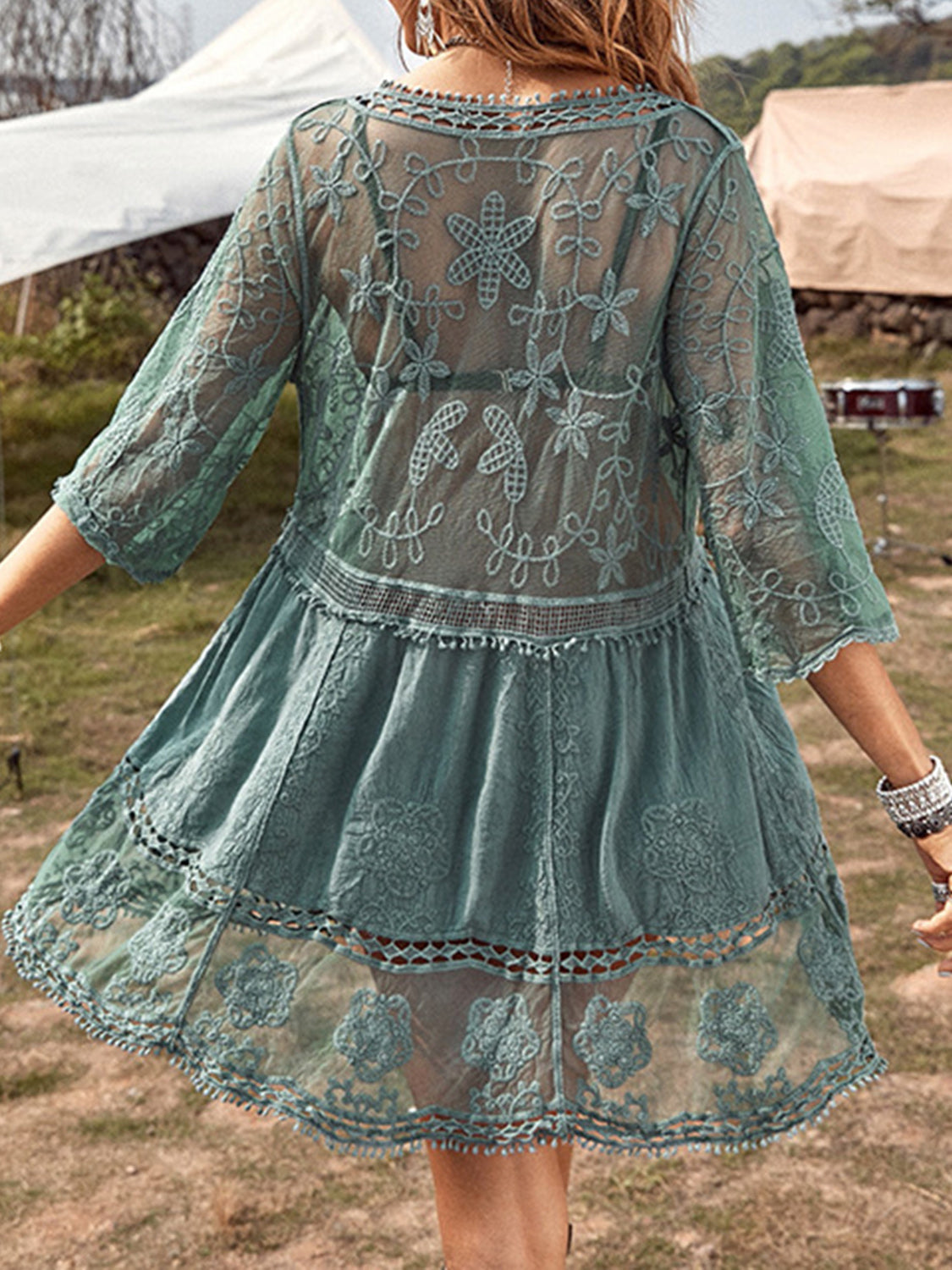 Dim Gray Lace Detail Plunge Cover-Up Dress Sentient Beauty Fashions Apparel &amp; Accessories