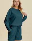 Double Take Full Size Texture Round Neck Long Sleeve Top and Shorts Set