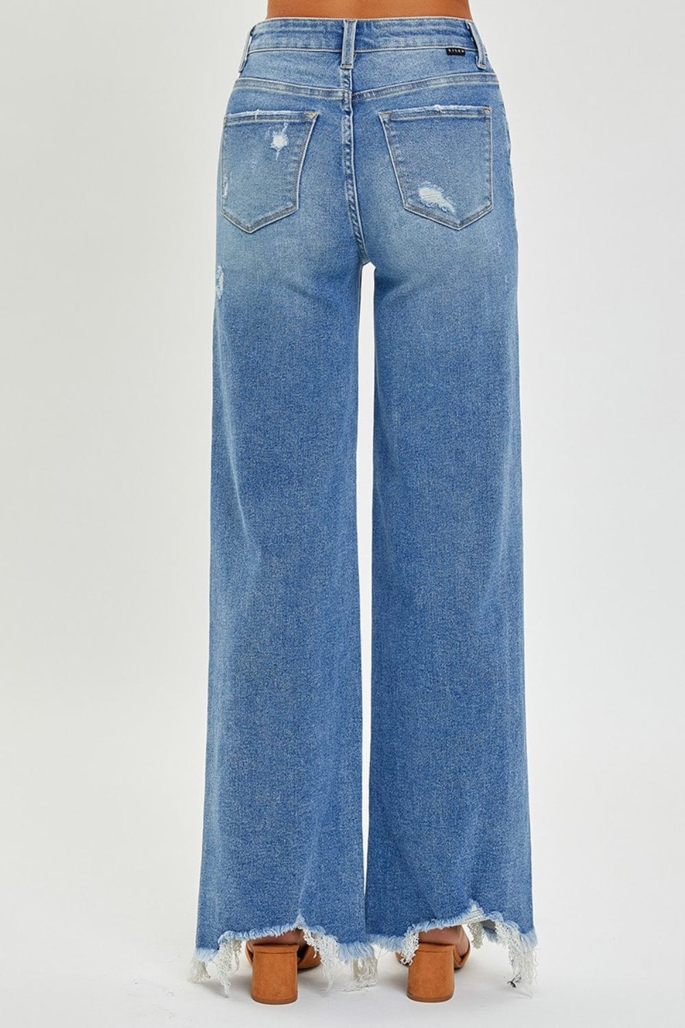 Steel Blue Risen Full Size High Rise Frayed Hem Wide Leg Jeans