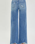 Steel Blue Risen Full Size High Rise Frayed Hem Wide Leg Jeans