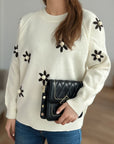 Flower Round Neck Raglan Sleeve Sweater