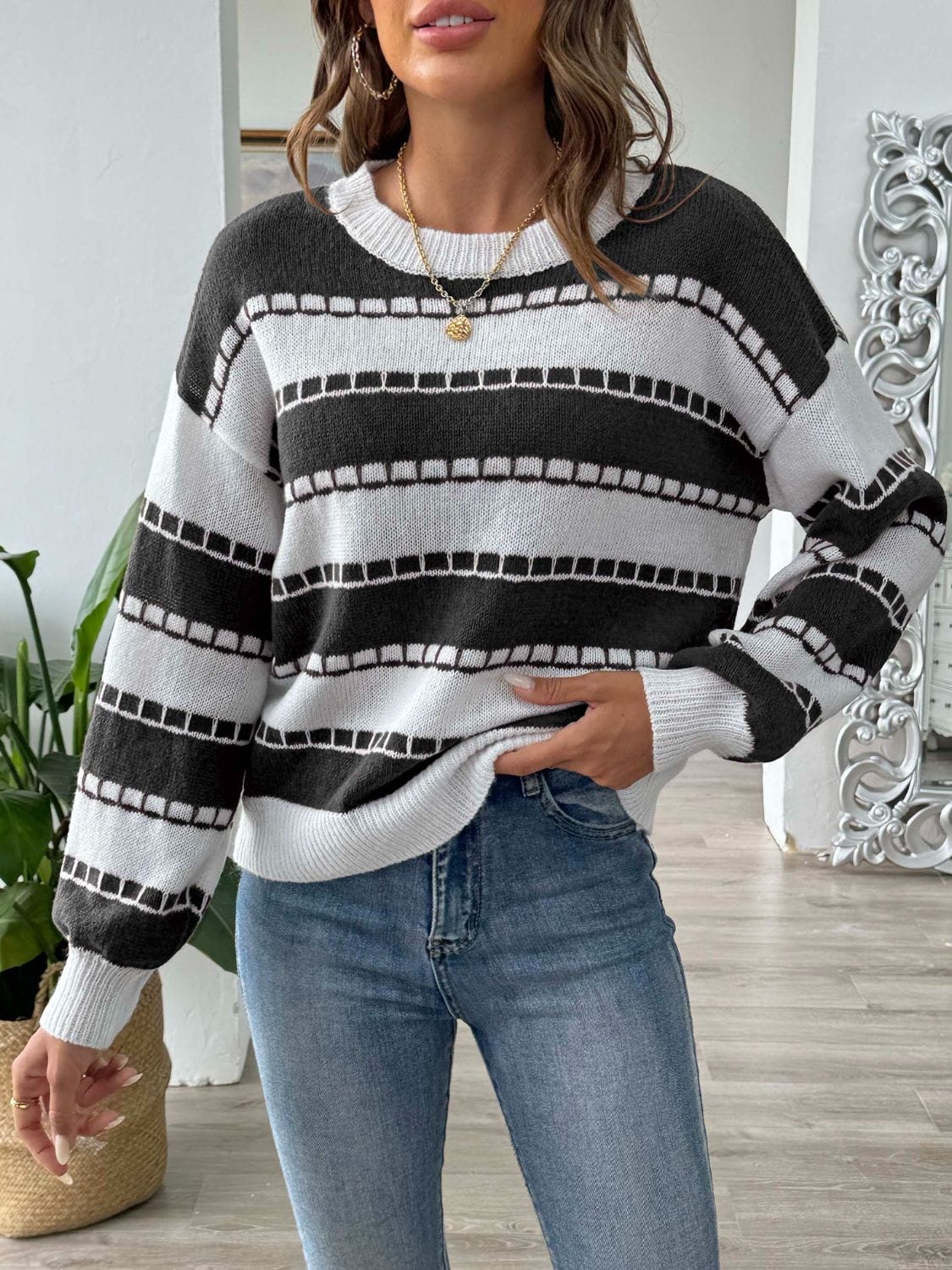 Gray Striped Round Neck Long Sleeve Sweater