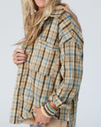 Drawstring Waffle Knit Patchwork Hooded Plaid Shacket