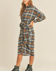 Mable Plaid Flannel Front Tie Button Down Shirt Dress