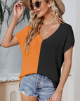 Color Block V-Neck Short Sleeve Knit Top