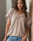 Dim Gray Textured V-Neck Short Sleeve Top