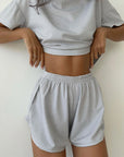 Gray Striped Round Neck Top and Shorts Set Sentient Beauty Fashions Apparel & Accessories