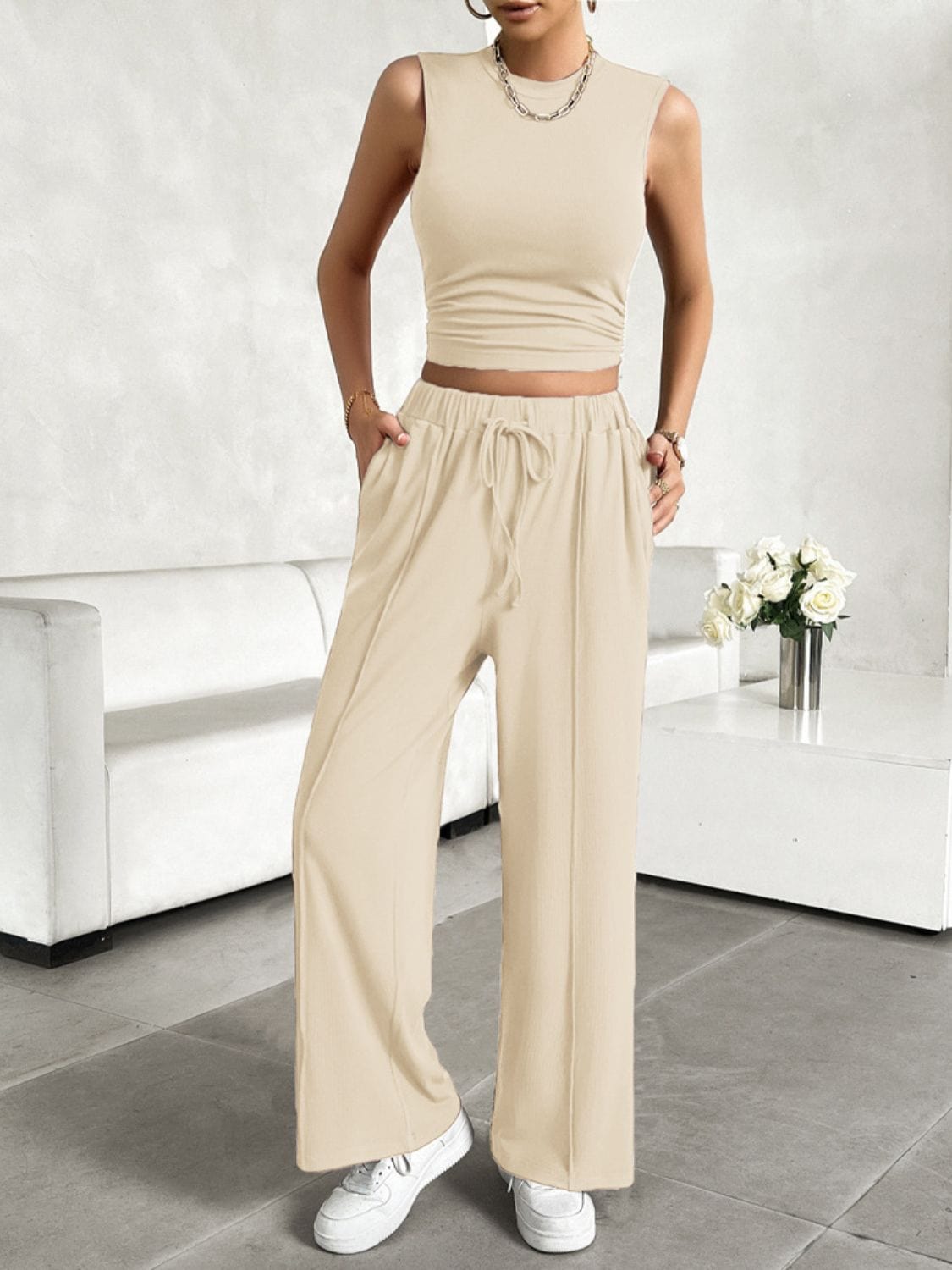 Light Gray Mock Neck Sleeveless Top and Drawstring Pants Set