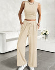 Light Gray Mock Neck Sleeveless Top and Drawstring Pants Set