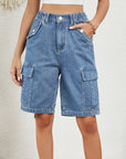 Buttoned Elastic Waist Denim Shorts with Pockets