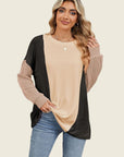 Double Take Texture Contrast Round Neck Long Sleeve T-Shirt