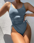 Dim Gray Drawstring Scoop Neck Sleeveless One-Piece Swimwear Sentient Beauty Fashions Apparel & Accessories