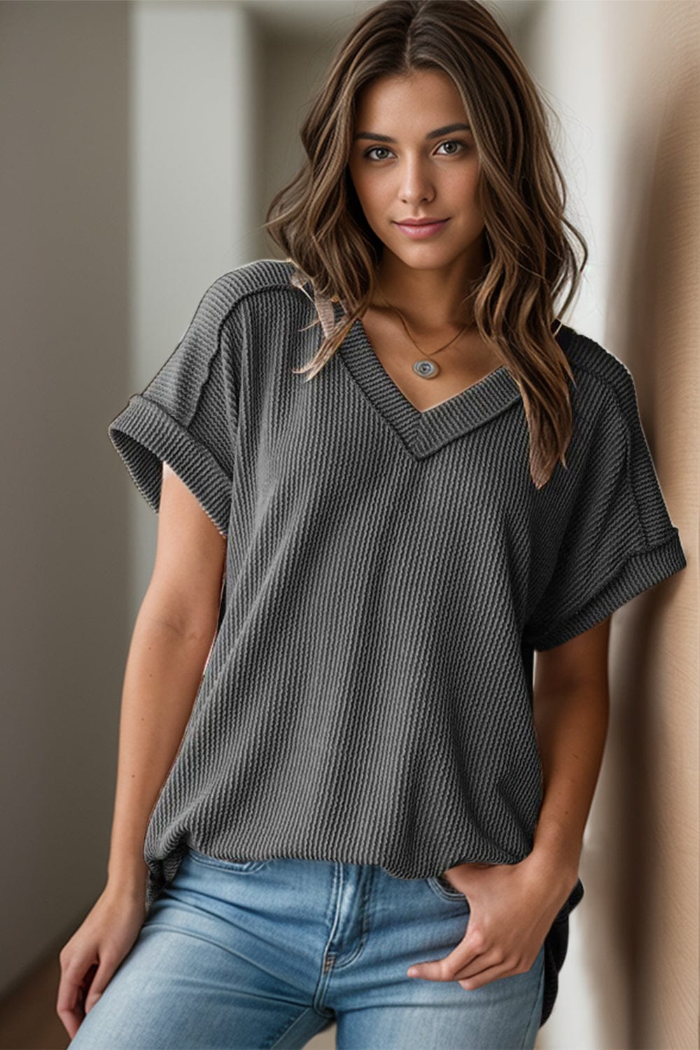 Dim Gray Textured V-Neck Short Sleeve Top