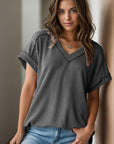 Dim Gray Textured V-Neck Short Sleeve Top