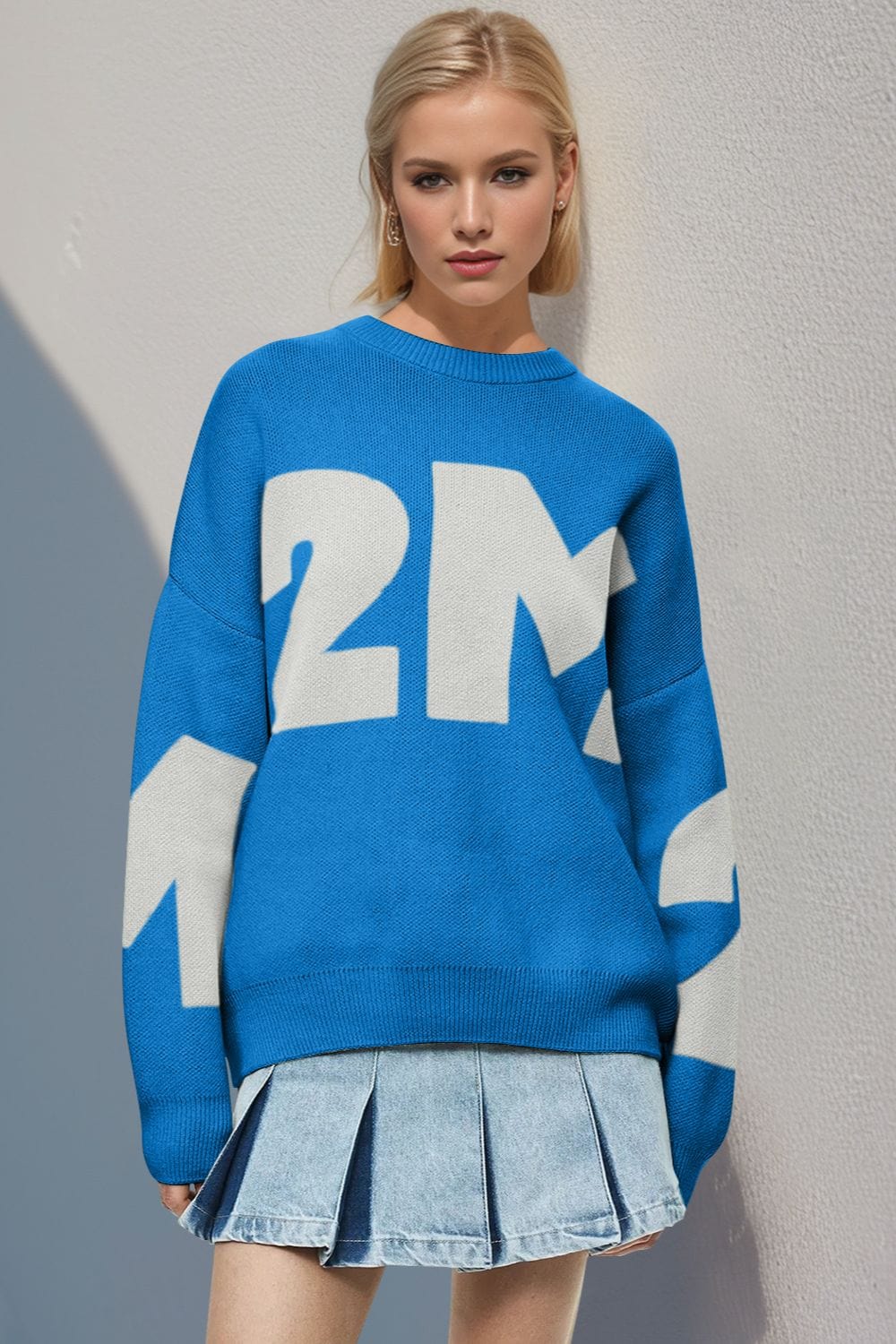 Basic Bae Contrast Letter Round Neck Long Sleeve Sweater