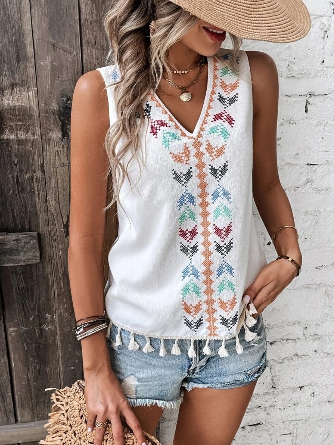 Gray Tassel Printed V-Neck Tank