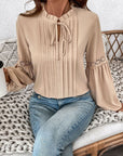 Perfee Frill Tie Neck Long Sleeve Blouse