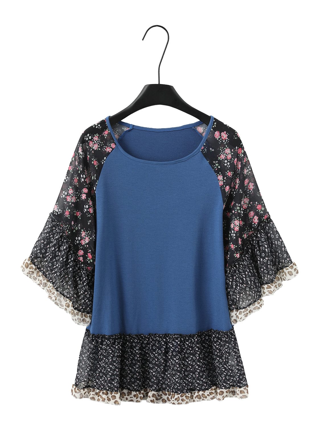 Dark Slate Blue Full Size Frill Printed Round Neck Half Sleeve Blouse