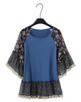 Dark Slate Blue Full Size Frill Printed Round Neck Half Sleeve Blouse