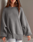 Double Take Side Slit Round Neck Long Sleeve Sweater