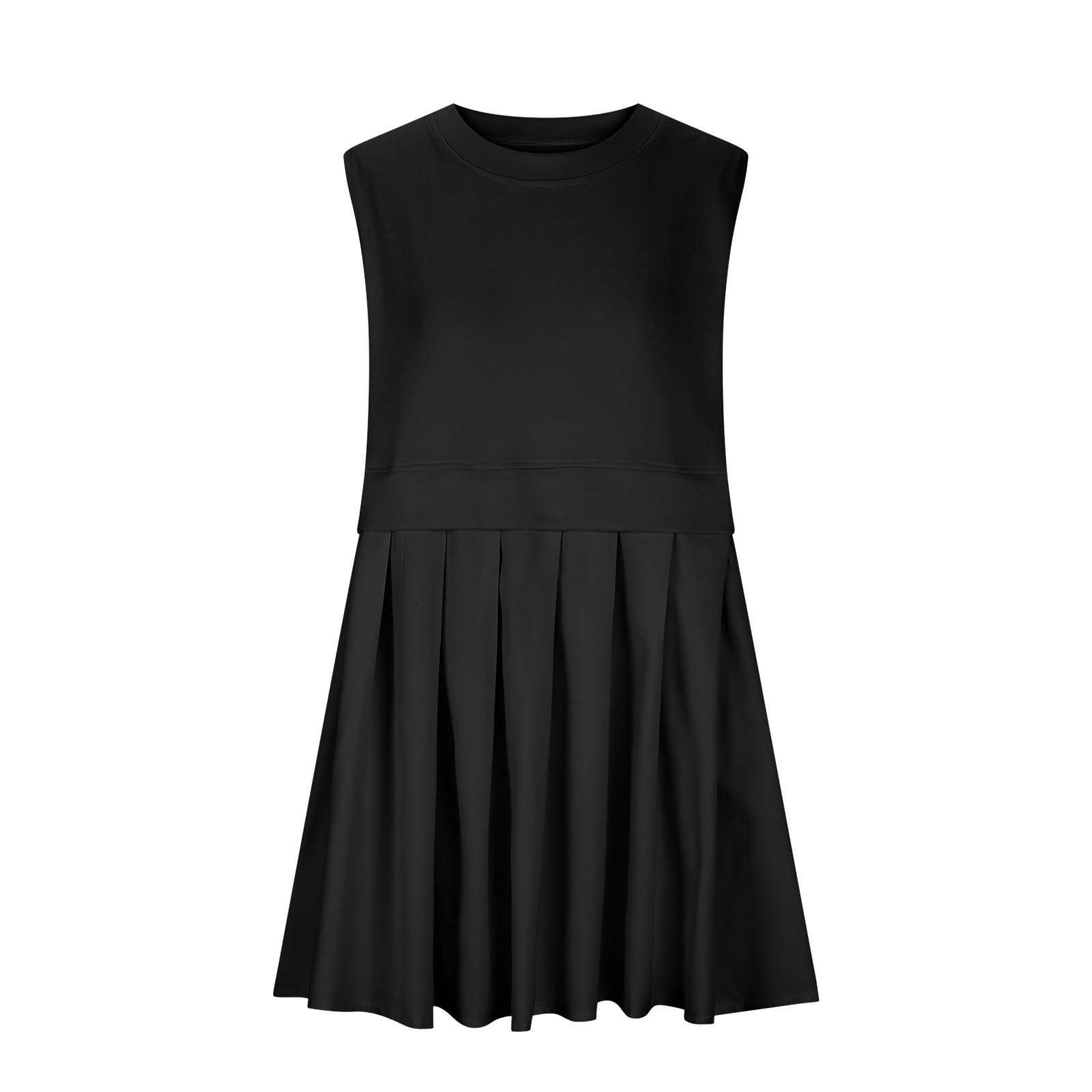 Black Pleated Round Neck Sleeveless Mini Dress