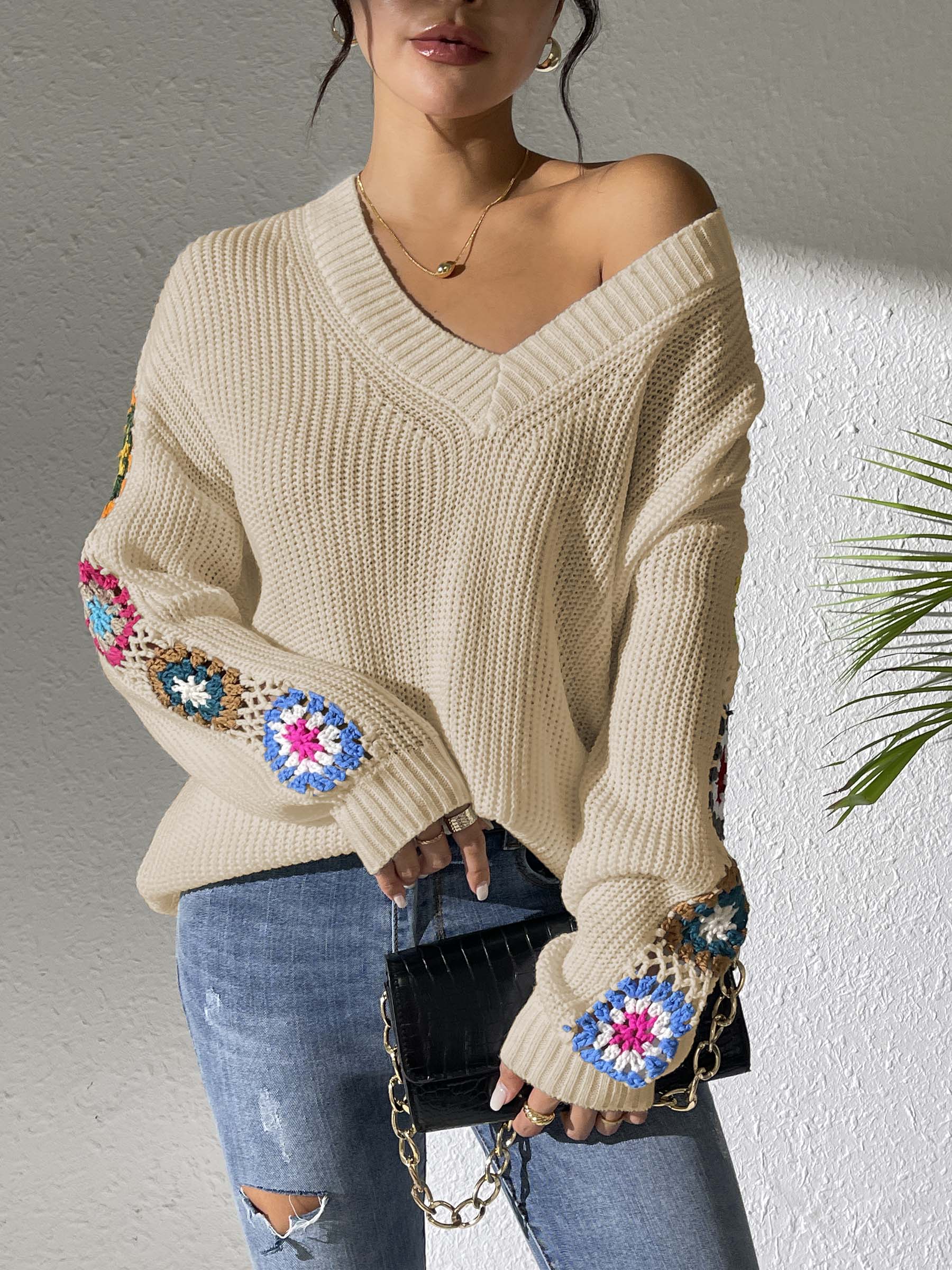 Rosy Brown Crochet Flower V-Neck Sweater