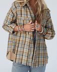 Drawstring Waffle Knit Patchwork Hooded Plaid Shacket