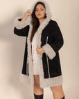 Plus Size Fuzzy Trim Open Front Long Sleeve Hooded Coat