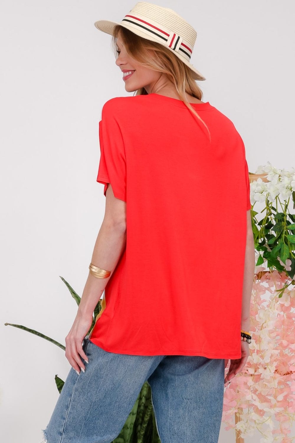 Orange Red Celeste Full Size Leopard Color Block T-Shirt