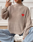 Heart Turtleneck Dropped Shoulder Long Sleeve Sweater