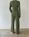 Ribbed V-Neck Long Sleeve Top and Pocketed Pants Set