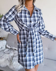 Gray Tied Plaid Long Sleeve Mini Shirt Dress